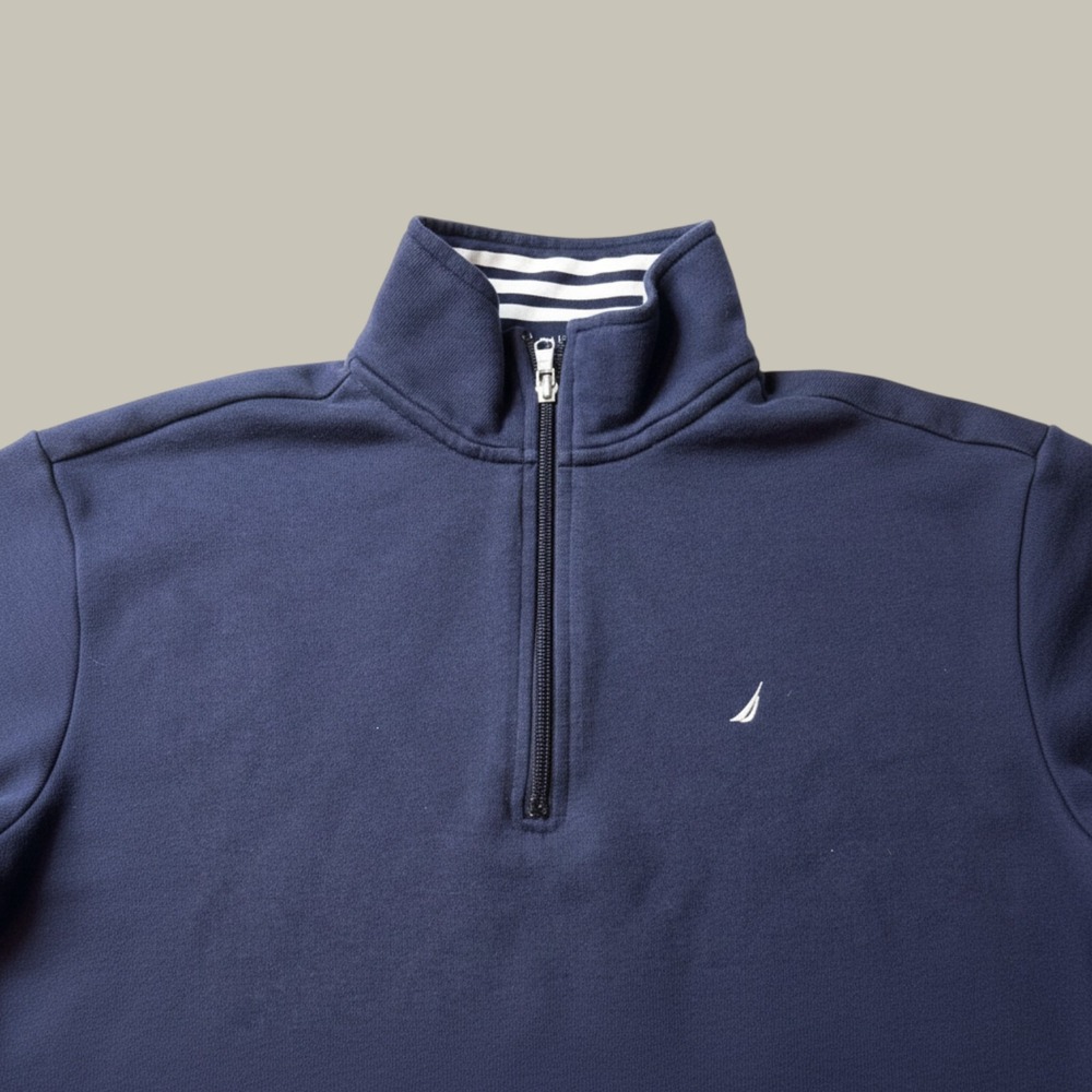 Nautica Pullover Mens S NAHSSAID15 Navy Blue Quarter-Zip Striped Cuffs Logo
